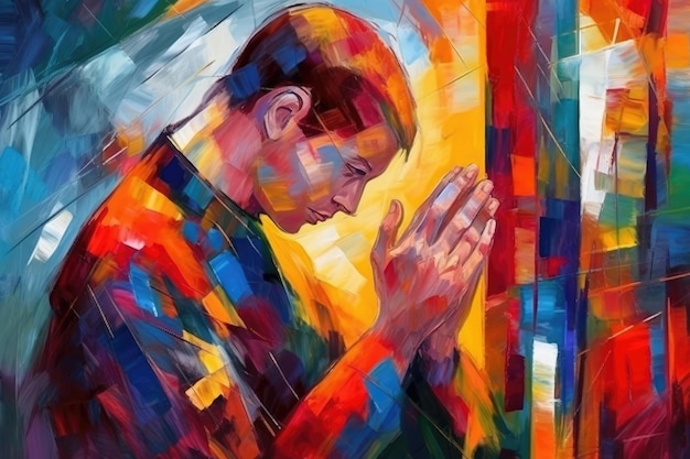'Pintura abstracta colorida representa a un hombre en adoración alabando el cristianismo' IA generativa