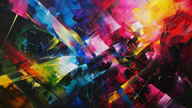 Pintura abstracta dinámica con colores vibrantes y formas geométricas que muestran movimiento fluido y estilo artístico moderno