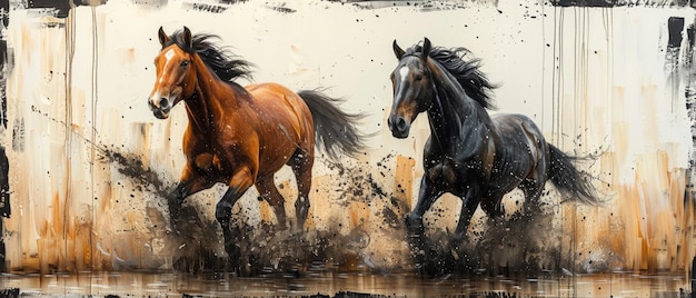 Una pintura abstracta con elementos metálicos un fondo de textura animales y caballos