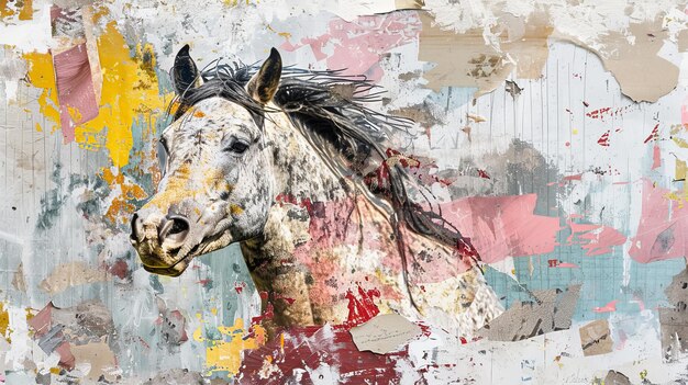 Foto pintura abstracta con elementos metálicos con fondo texturizado animales caballos