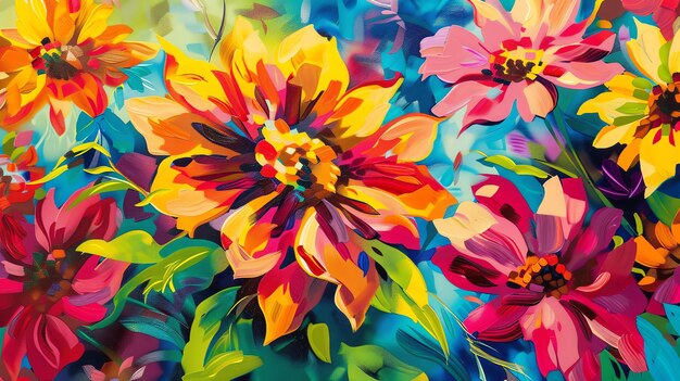 Foto pintura abstracta floral de colores vibrantes brillantes alegres flores de verano de primavera pétalos naturaleza botánica artística pinceladas creativas