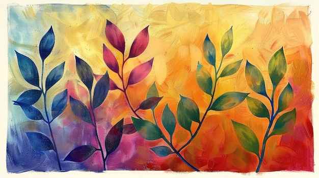 Foto pintura abstracta con hojas estilizadas de plantas en un gradiente de colores de puesta de sol