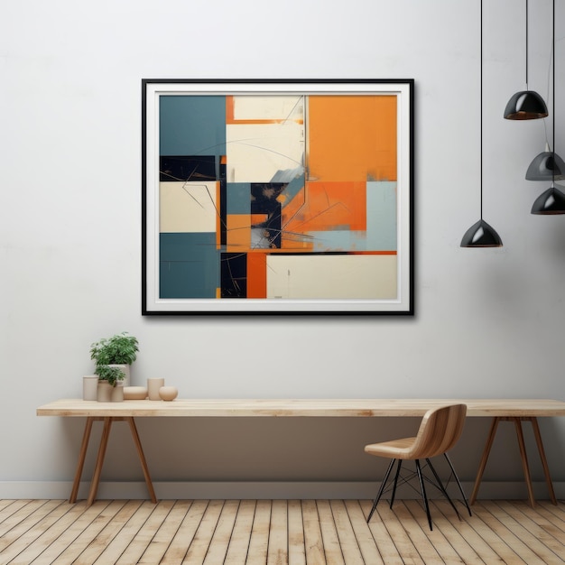 una pintura abstracta naranja y azul cuelga de la pared