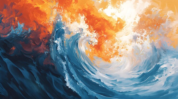 Pintura abstracta de una ola con tonos naranja y azul