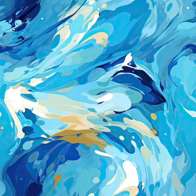 Pintura abstracta de ondas azules y doradas con figuras fluidas en azulejos