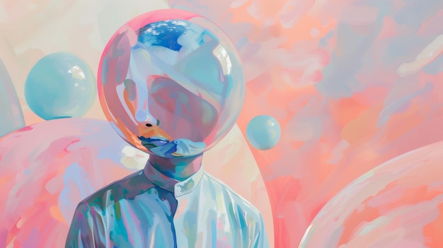 Pintura abstracta de una persona con una cabeza reflectante