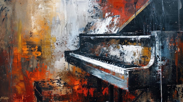 Pintura abstracta de un piano colores vibrantes que se fusionan en armonía musical