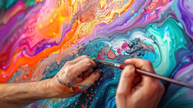 Pintura abstracta con un pincel en la mano