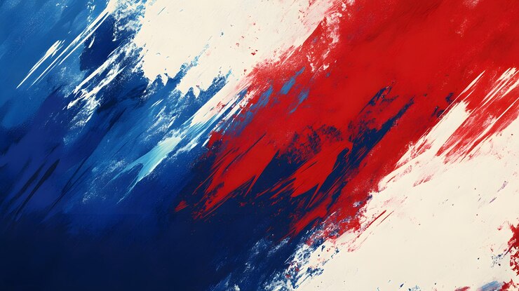 Pintura abstracta con pinceladas rojas, azules y blancas