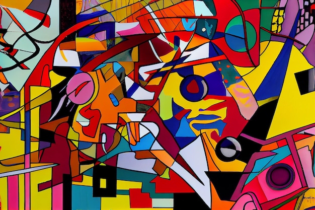 Pintura abstracta que consiste en varias formas y figuras caóticas multicolores brillantes separadas