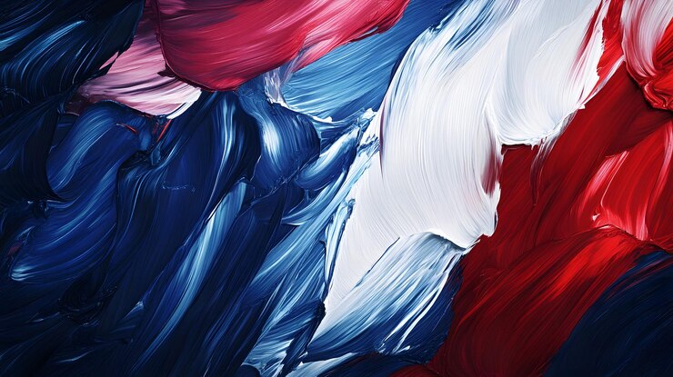 Pintura abstracta con remolinos azules, blancos y rojos