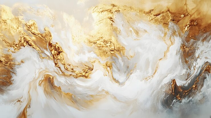 Pintura abstracta con remolinos dorados y blancos