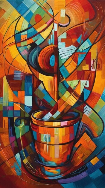 pintura abstracta de una taza de café con un platillo y una cuchara generativa ai