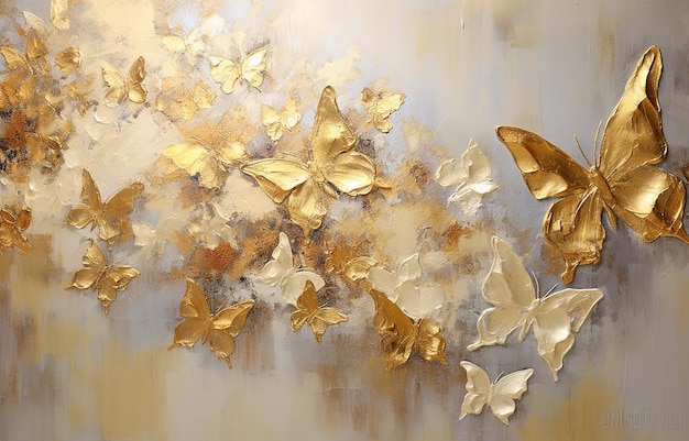 Pintura abstracta textura oro elemento mariposa caballo paisaje