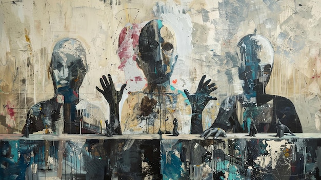 una pintura abstracta con tres figuras humanoides con gestos expresivos