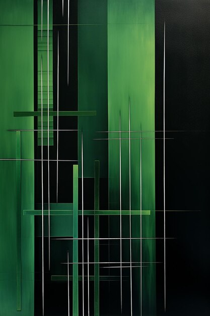 una pintura abstracta verde y negra de un edificio con líneas y líneas.