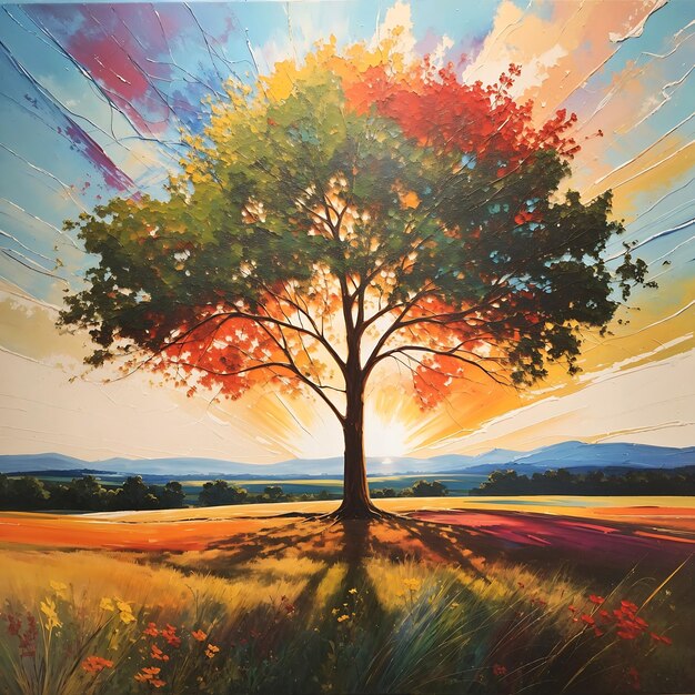 Una pintura abstracta vibrante de arco iris en 3D de un prado iluminado por el sol con un solo árbol en el centro del gen AI