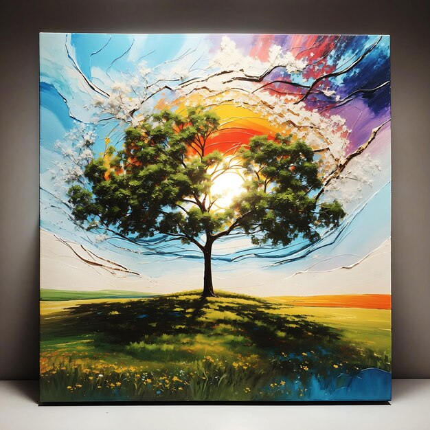 Foto una pintura abstracta vibrante de arco iris en 3d de un prado iluminado por el sol con un solo árbol en el centro del gen ai