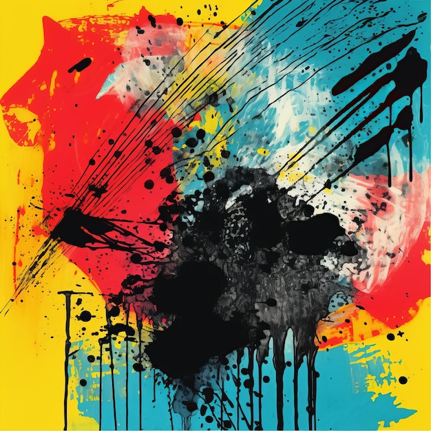 Pintura abstraída en rojo, azul, amarillo y negro.