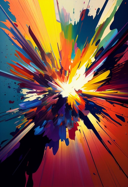 Pintura abstrata brilhantemente colorida de uma explosão de tinta em fundo azul generativo ai