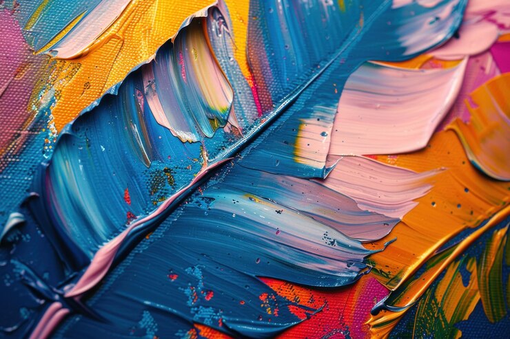 Pintura abstrata colorida com penas em close-up Fundo de arte moderna com cores vibrantes e pinceladas