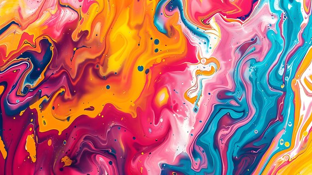 Foto pintura abstrata colorida tintas acrílicas líquidas misturadas cores brilhantes de azul laranja amarelo rosa e branco