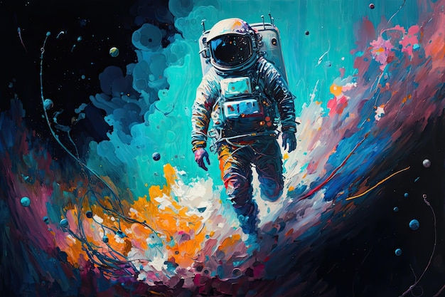 Pintura abstrata com astronauta flutuando no espaço estrelas e planetas visíveis ao fundo