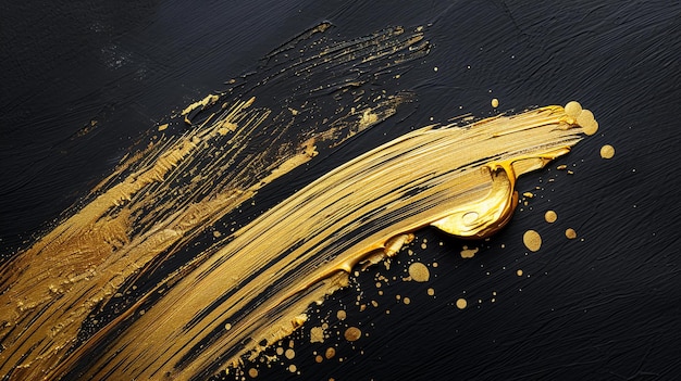 Foto pintura abstrata com pinceladas douradas em fundo preto