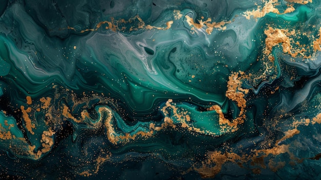 Pintura abstrata com redemoinhos verdes e dourados