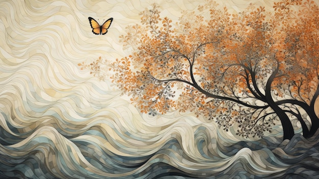 pintura abstrata de árvores de outono com uma borboleta voando acima. a obra de arte mostra ondas oceânicas naturalistas, ilustrações altamente detalhadas e paisagens fluviais românticas. a paleta de cores consiste em