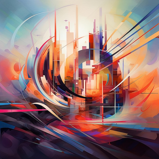 Pintura abstrata de cores brilhantes de uma cidade com uma torre de relógio generativa ai