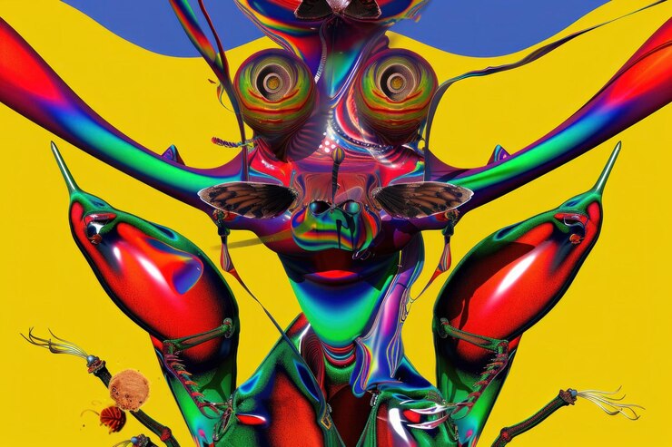 Foto pintura abstrata de insetos coloridos em fundo amarelo e azul com tons vermelhos e verdes conceito de design artístico vibrante