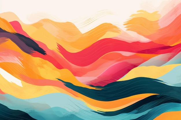 Pintura abstrata de ondas coloridas e nuvens em um céu brilhante