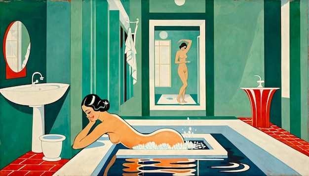 Pintura abstrata de uma jovem tomando banho em uma casa de banho