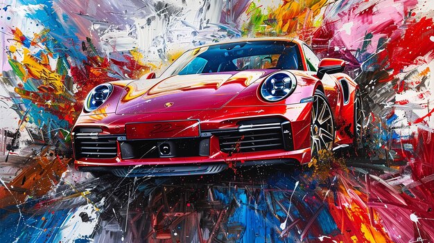 Pintura acrílica abstracta moderna de un Porsche 911 Turbo S