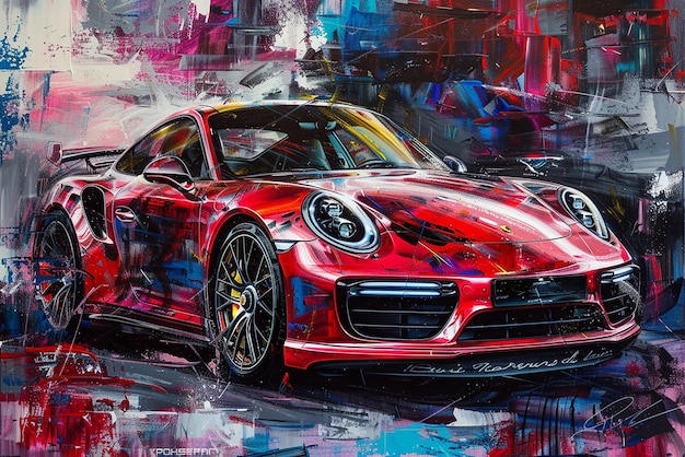 Pintura acrílica abstracta moderna de un Porsche 911 Turbo S