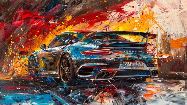Pintura acrílica abstracta moderna de un Porsche 911 Turbo S