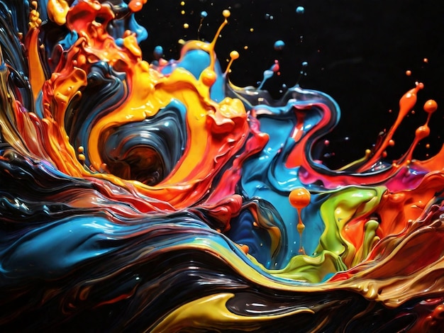 La pintura acrílica de color arco iris fluye hacia abajo sobre un fondo negro