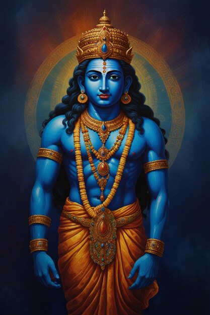 Foto una pintura acrílica de la deidad de vishnu con una imagen de fondo azul