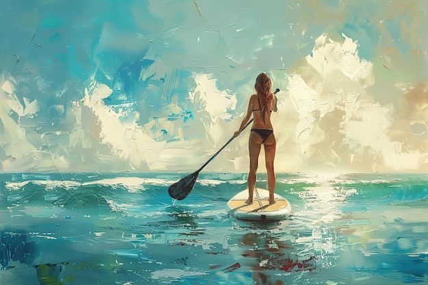 pintura acrílica ilustração de uma mulher flutuando em uma tábua de SUP no mar em um dia ensolarado de verão