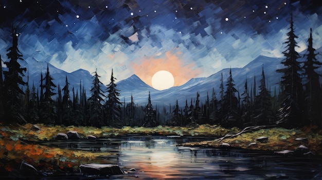 Pintura acrílica minimalista de cena noturna no Parque Nacional de Montana