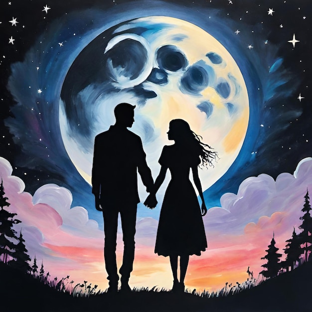 Pintura acrílica Silueta negra de una pareja enamorada cogidos de la mano contra una gran luna llena