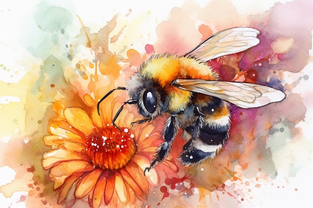 Una pintura de acuarela de una abeja y una flor.