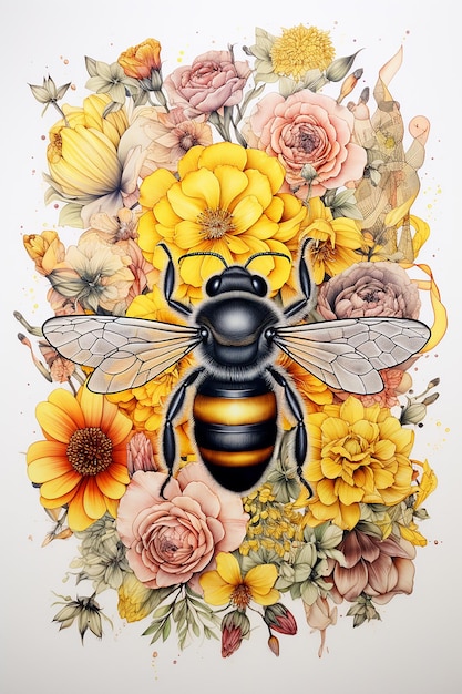 pintura de acuarela con abejas y flores