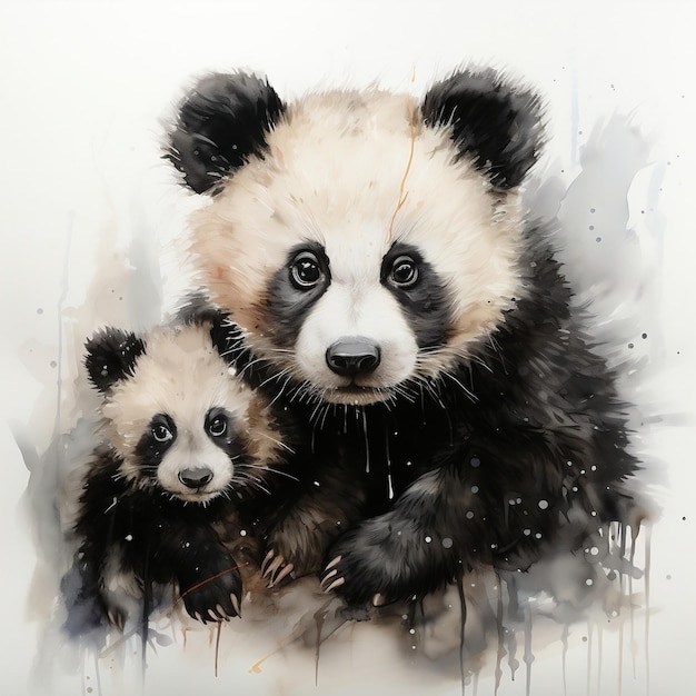 Pintura de acuarela del abrazo del oso panda