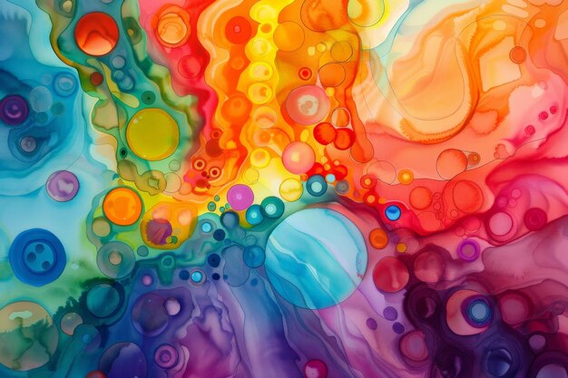 Pintura de acuarela abstracta vibrante con colores giratorios y patrones circulares que crean una composición dinámica y animada