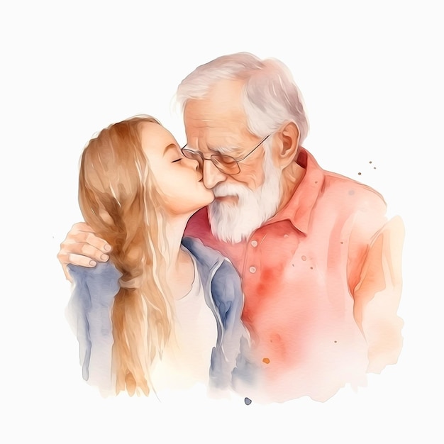 Una pintura de acuarela de un abuelo y una niña besándose.