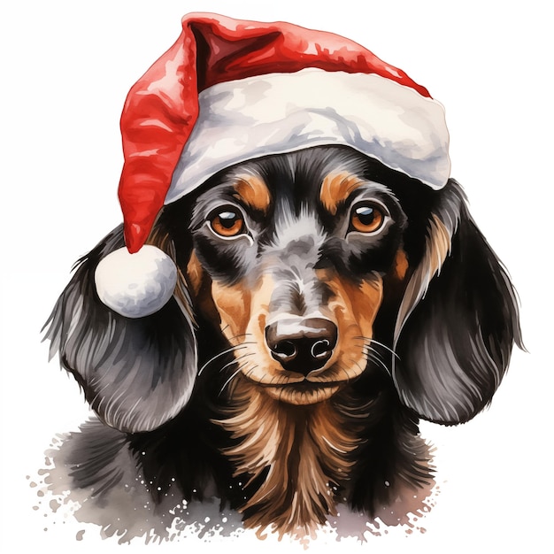 Pintura acuarela de un adorable perro de raza Dachshund con un sombrero rojo de Papá Noel sobre un fondo blanco Perfecto para hacer tarjetas de Navidad para los amantes de los perros Ilustración navideña