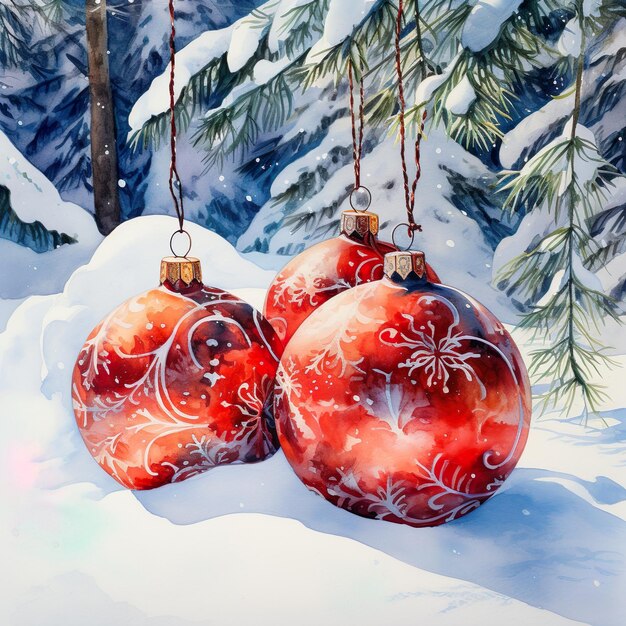 Pintura en acuarela de adornos navideños en la nieve