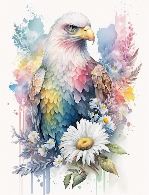 Una pintura de acuarela de un águila con flores y las palabras "águila" en la parte inferior.